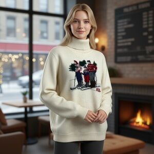Ralph Lauren Winter Scene Cream Lambswool Turtleneck Sweater Petite Small